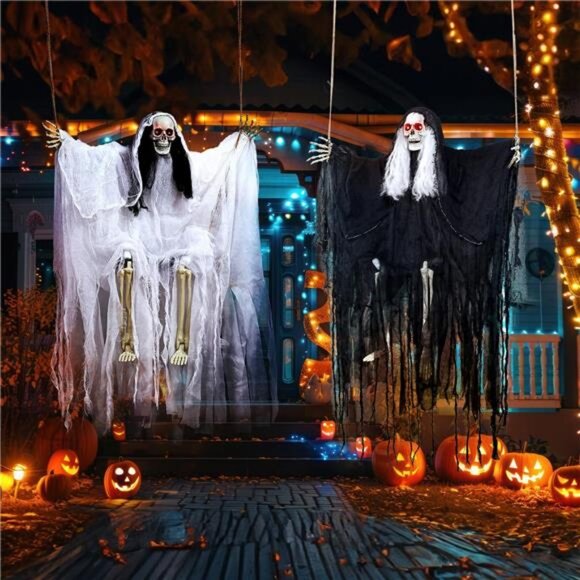 2 Pack Halloween Decorations Hanging Skeleton Ghosts with Light, Decor Props - Picture 5 of 7